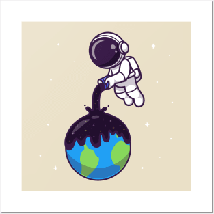 Cute Astronaut Pouring Space On Earth Cartoon Posters and Art